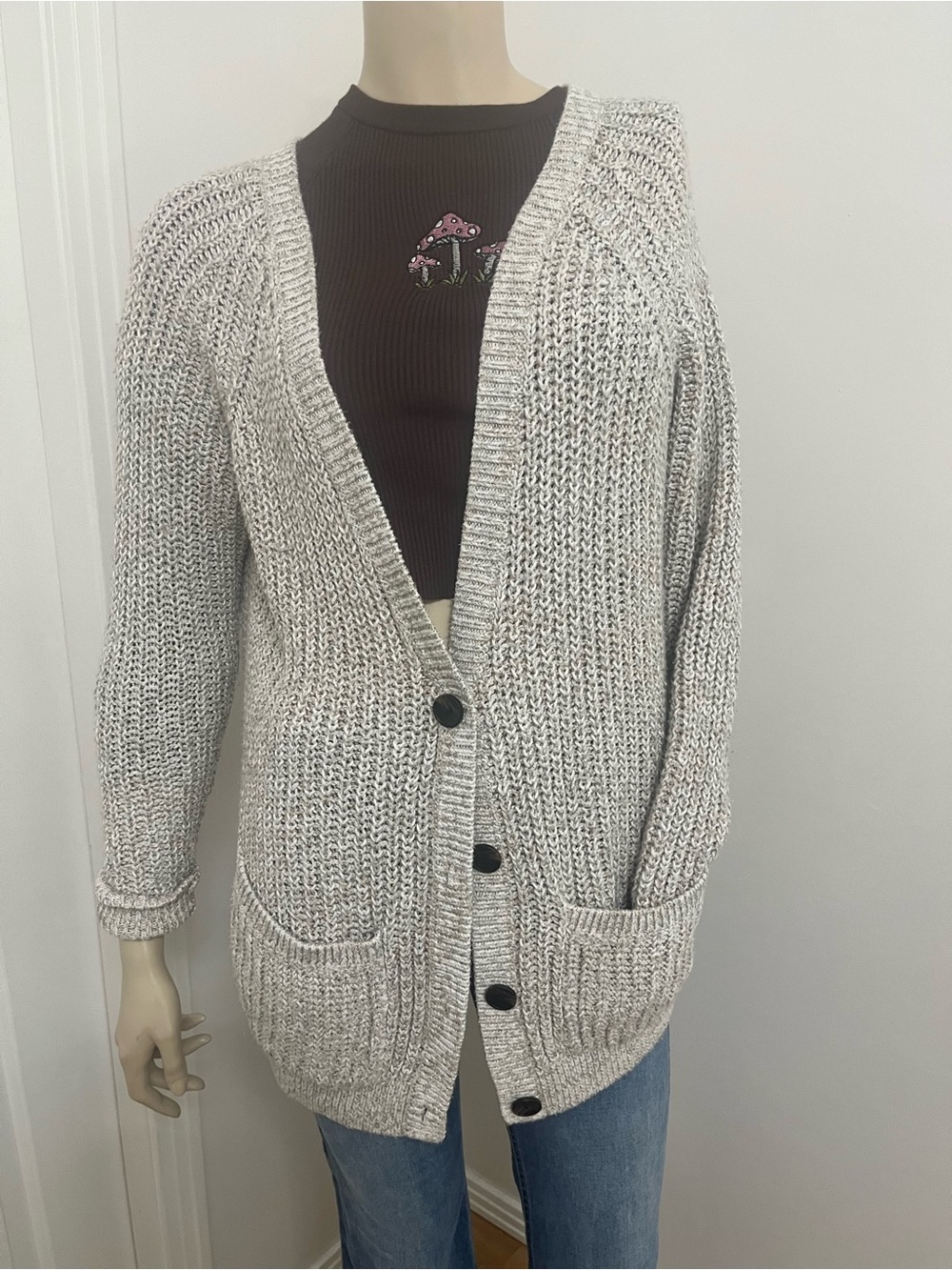 Garage Light Gray Open-Knit Button Cardigan